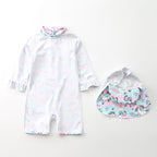 Girls Unicorn Rainbow Long-Sleeve Rash Guard Swimsuit with Cap
