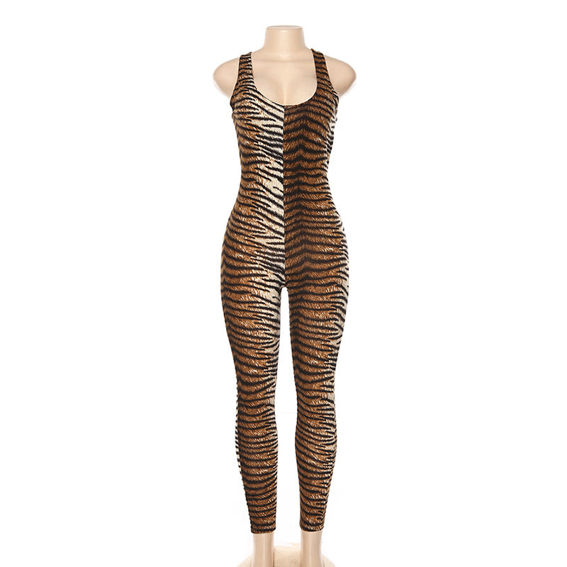 2019 Women's Tiger Stripe Backless Bodysuit Jumpsuit