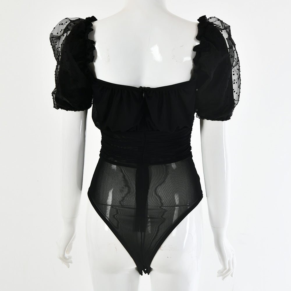 Fashionable Sheer Mesh Princess Sleeve Bodysuit for Women