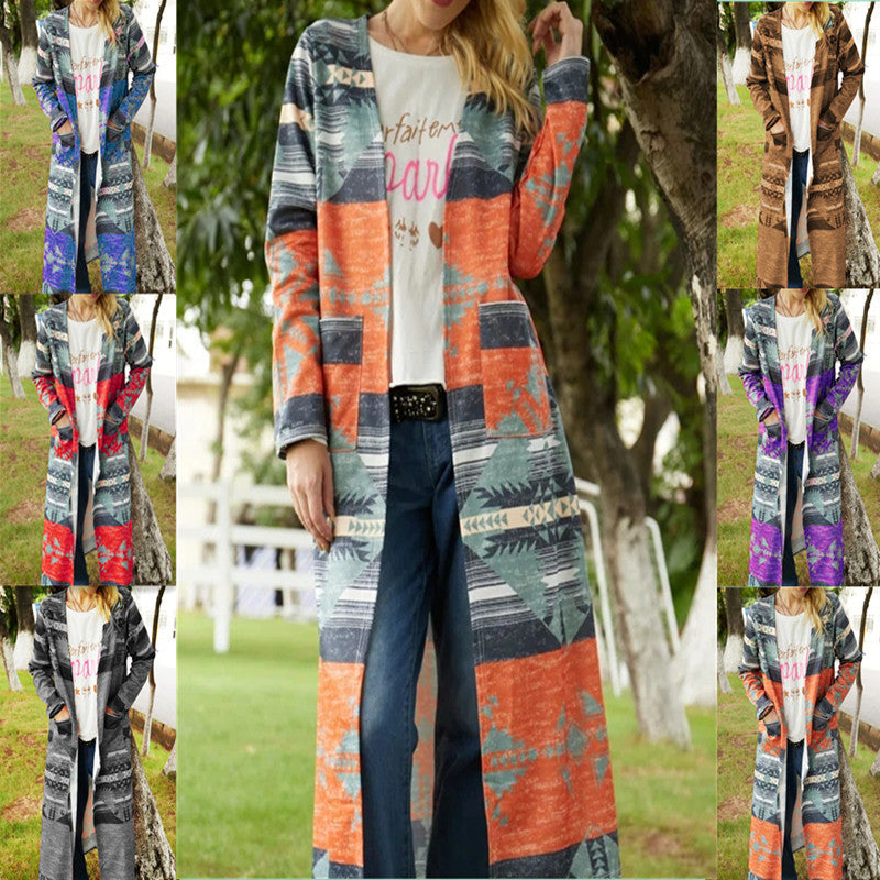 Thick Geometric Print Long Cardigan Trench Coat