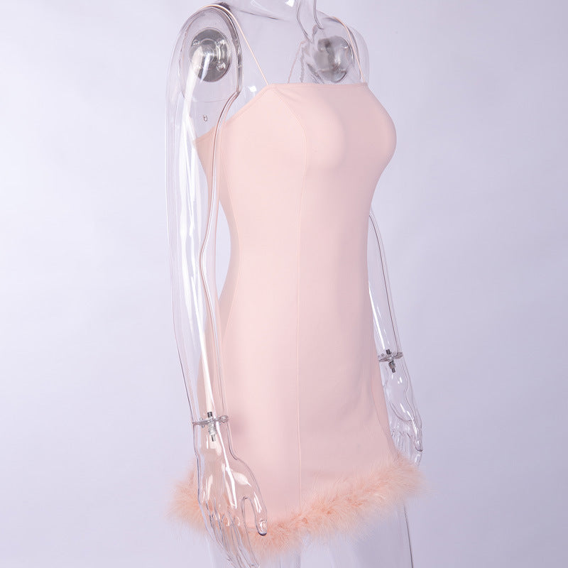 Feather Trim Spaghetti Strap Bodycon Mini Dress