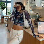 Q21TP574 Women's Casual Autumn Crop Top with Print
