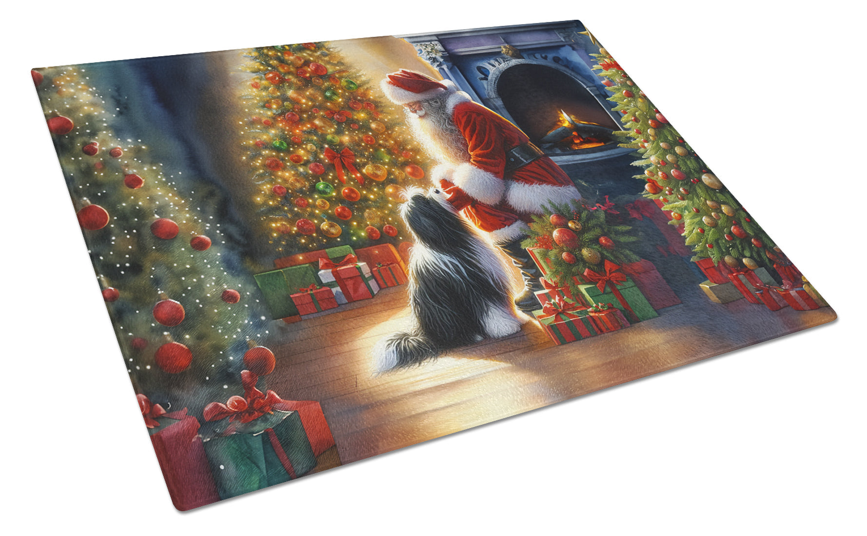 Tibetan Terrier and Santa Claus Glass Cutting Board