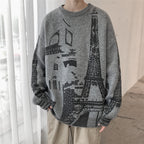 Men's Loose Round Neck Iron Tower Printed Sweater