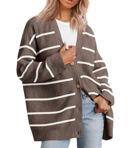 V-neck Striped Knit Cardigan Fashion Sweater Jacket