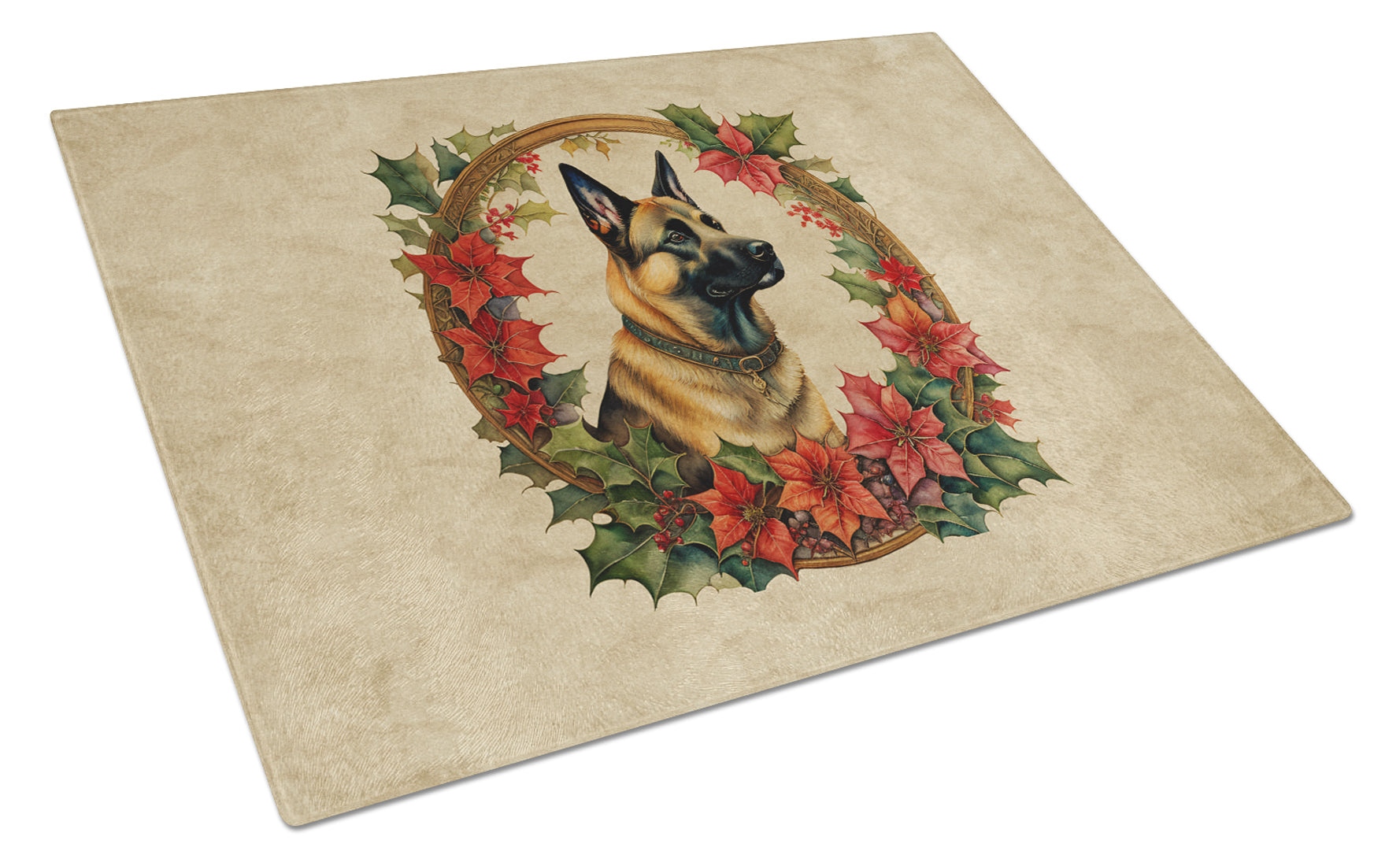 Belgian Malinois Christmas Flowers Glass Cutting Board