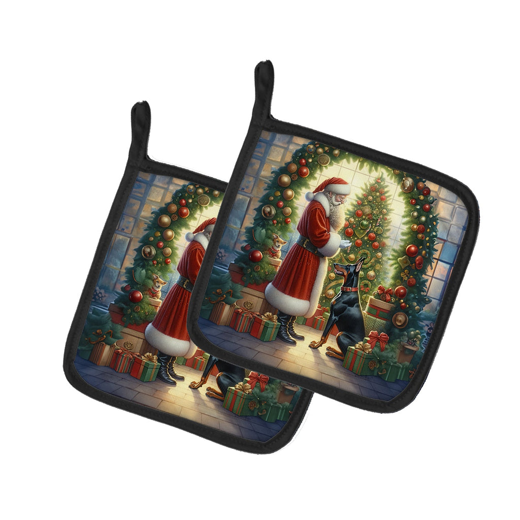 Doberman Pinscher and Santa Claus Pair of Pot Holders