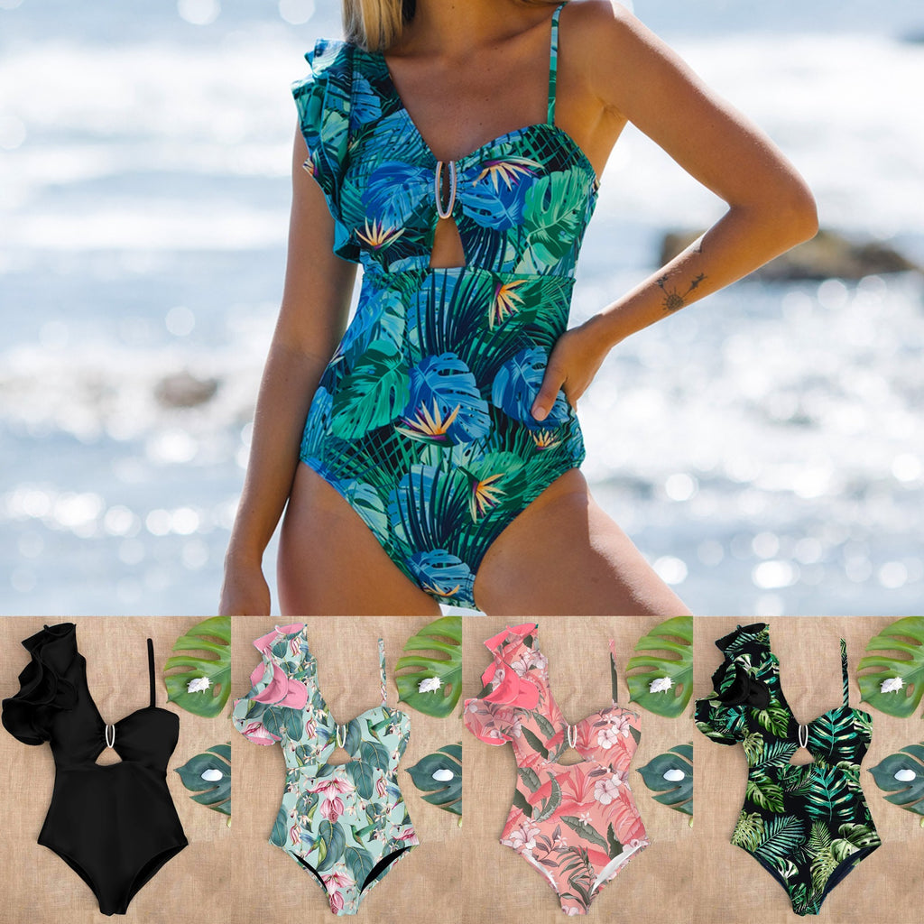 2024 Women's One-Shoulder Ruffle Print Swimsuit
