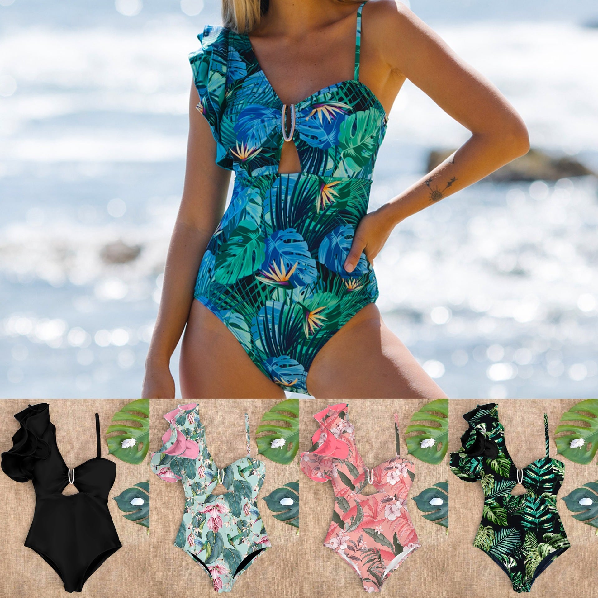 2024 Women's One-Shoulder Ruffle Print Swimsuit