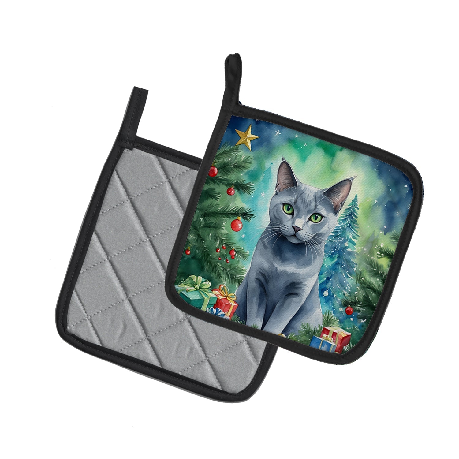 Russian Blue Cat By the Christmas Tree Pair of Pot Holders