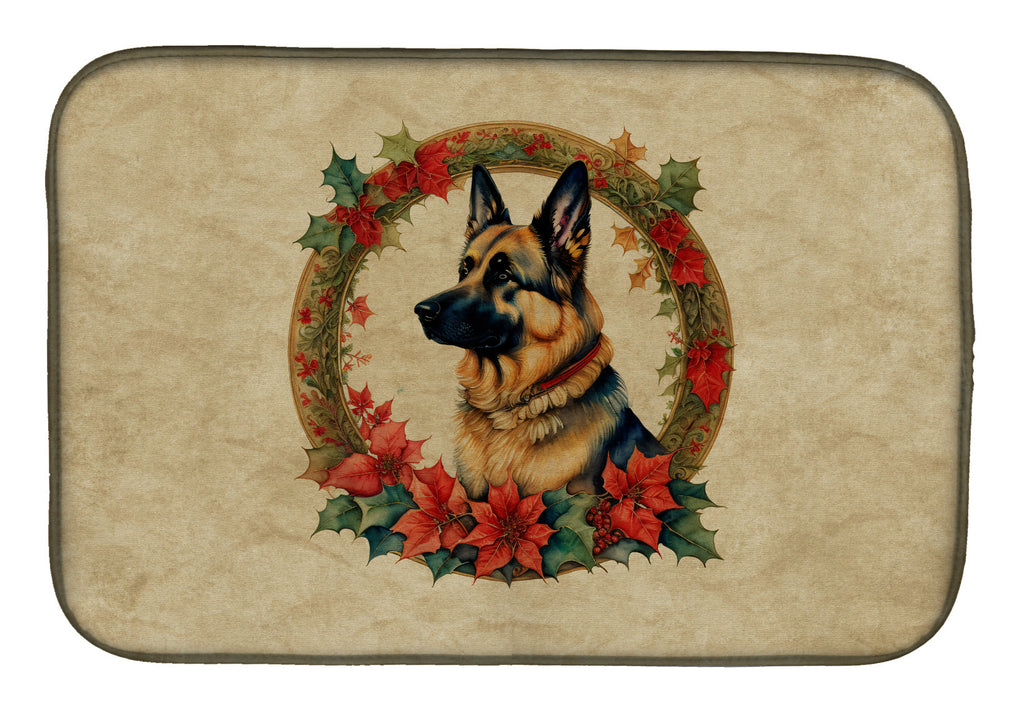 German Shepherd Christmas Flowers Dish Drying Mat