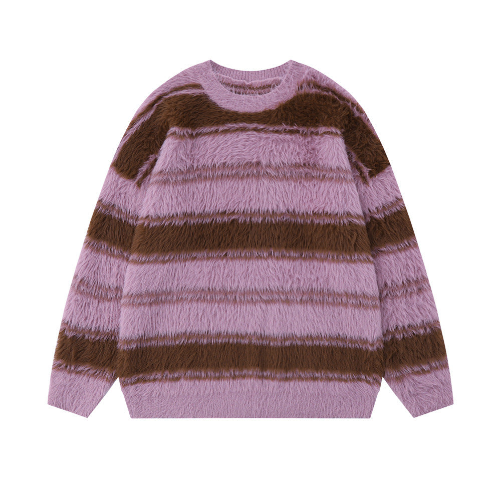 Men's American Style Striped Round Neck Sweater with Fleece