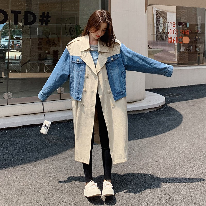 Fashionable Denim Patchwork Oversized Windbreaker Jacket
