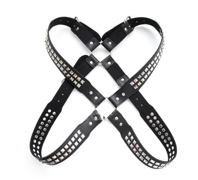 Black Leather Bondage Bodysuit with Steel Studs