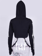 2022 Black Women's Punk Hooded Skull Crop Top Sweatshirt | Streetwear