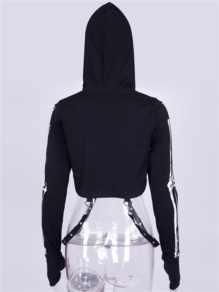 2022 Black Women's Punk Hooded Skull Crop Top Sweatshirt | Streetwear