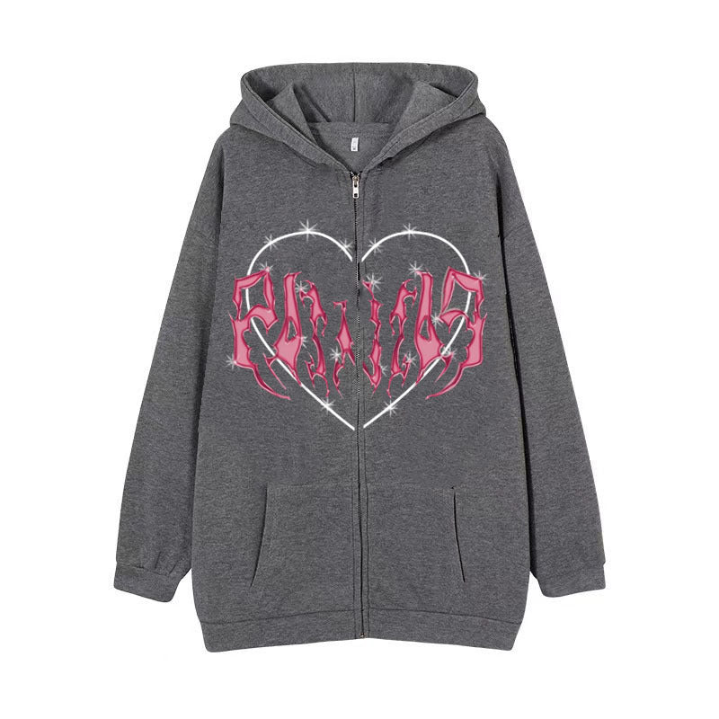 Y2K Oversized Hoodie with Graffiti Heart Print for Women | Streetwear
