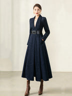 Women's Autumn Winter Blue Plaid Wool Coat with Collar