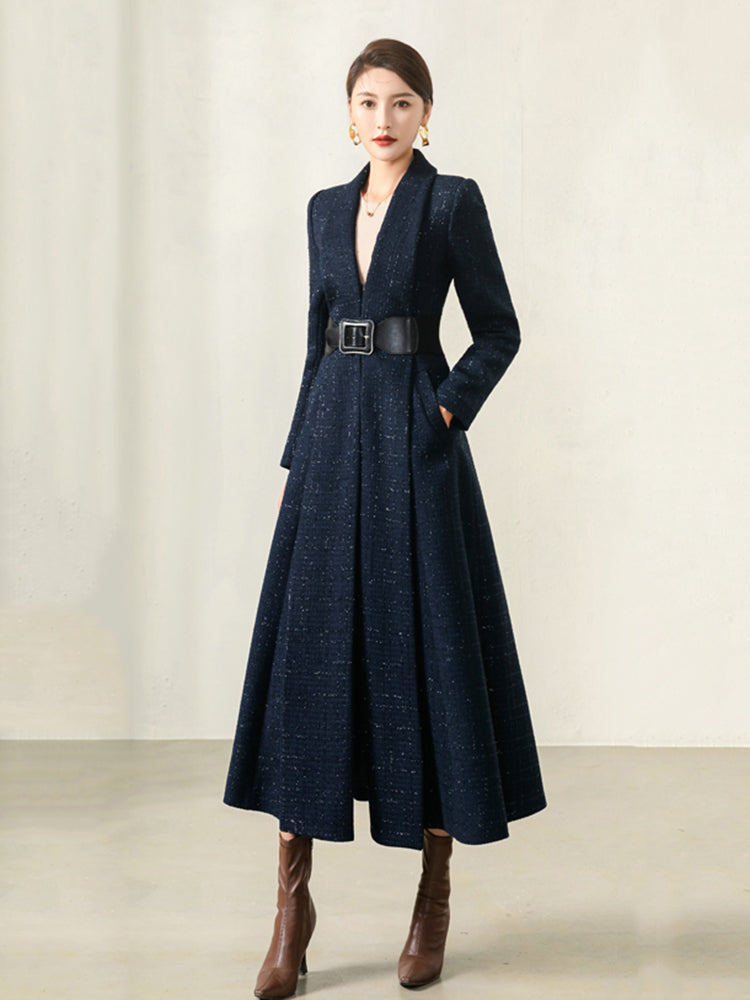 Women's Autumn Winter Blue Plaid Wool Coat with Collar