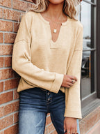 Solid V-Neck Knitted Curly Sweater for Women