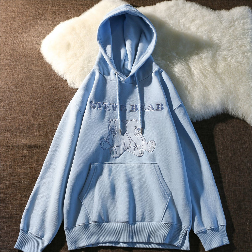 Japanese Chic Embroidered Bear Hooded Sweater for Women