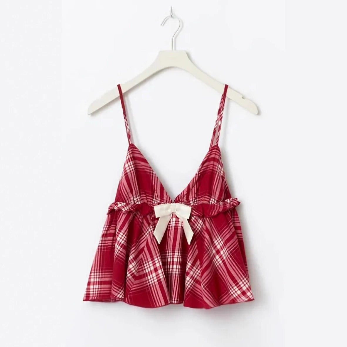 Women's Casual Plaid Bow Tie Camisole Set