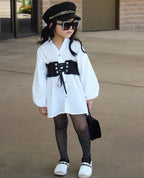 Woven Cotton Collar Cardigan for Girls with Denim Tie