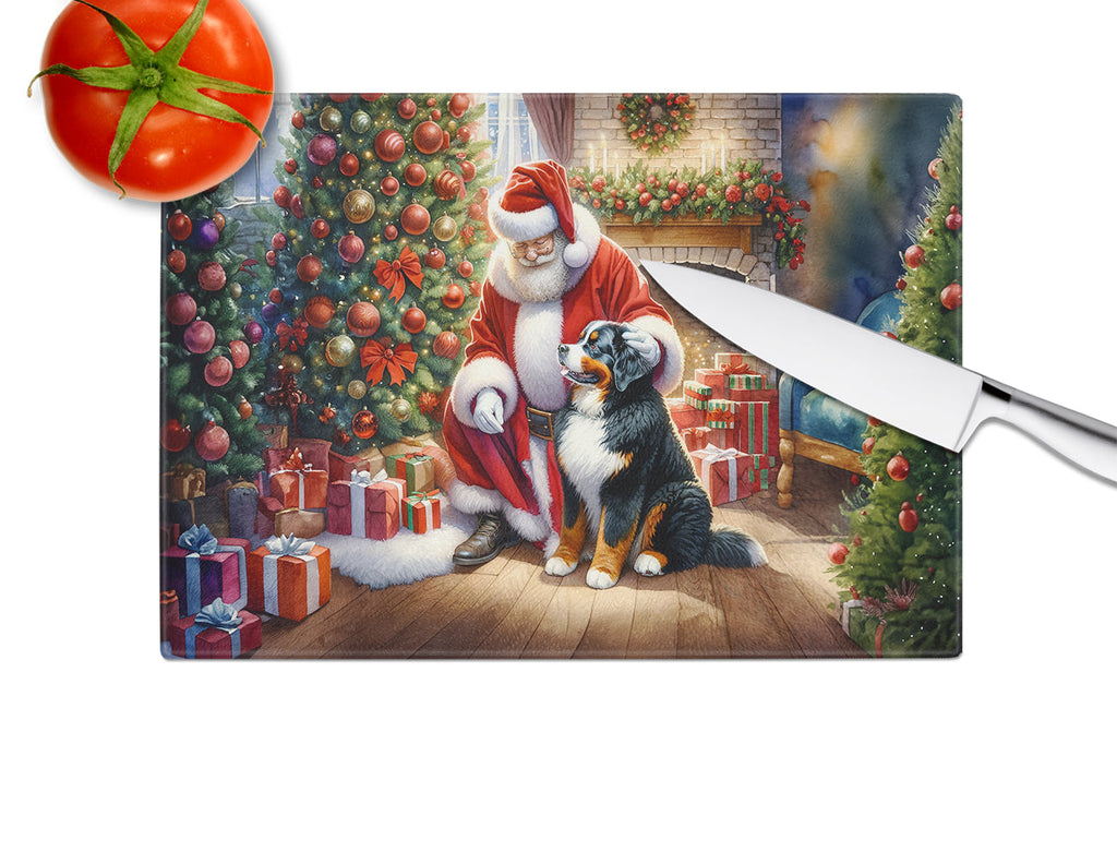 Bernese Mountain Dog and Santa Claus Glass Cutting Board