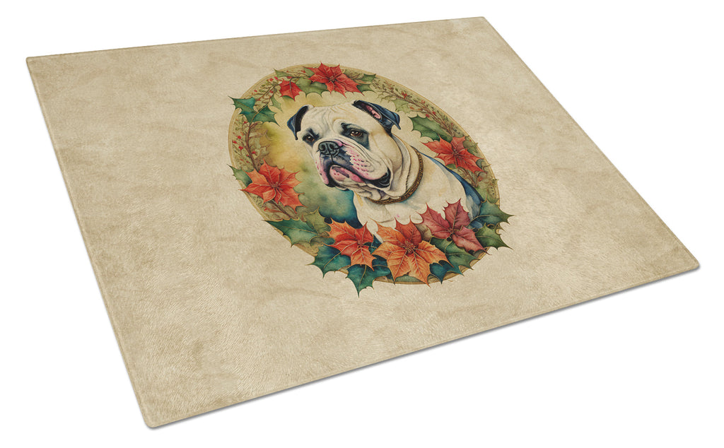 American Bulldog Christmas Flowers Glass Cutting Board