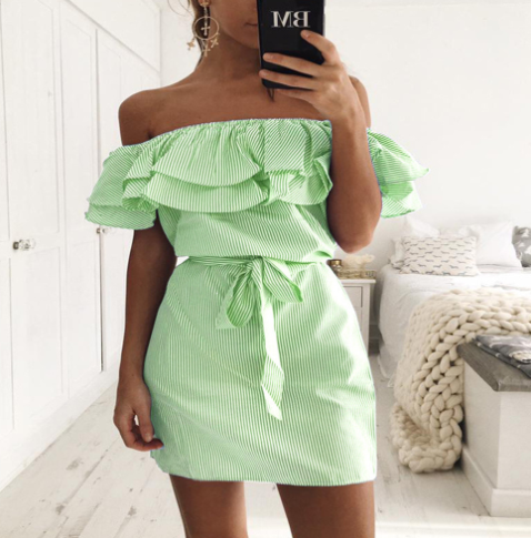 Striped Ruffled Sleeve Off-Shoulder Dress for Women
