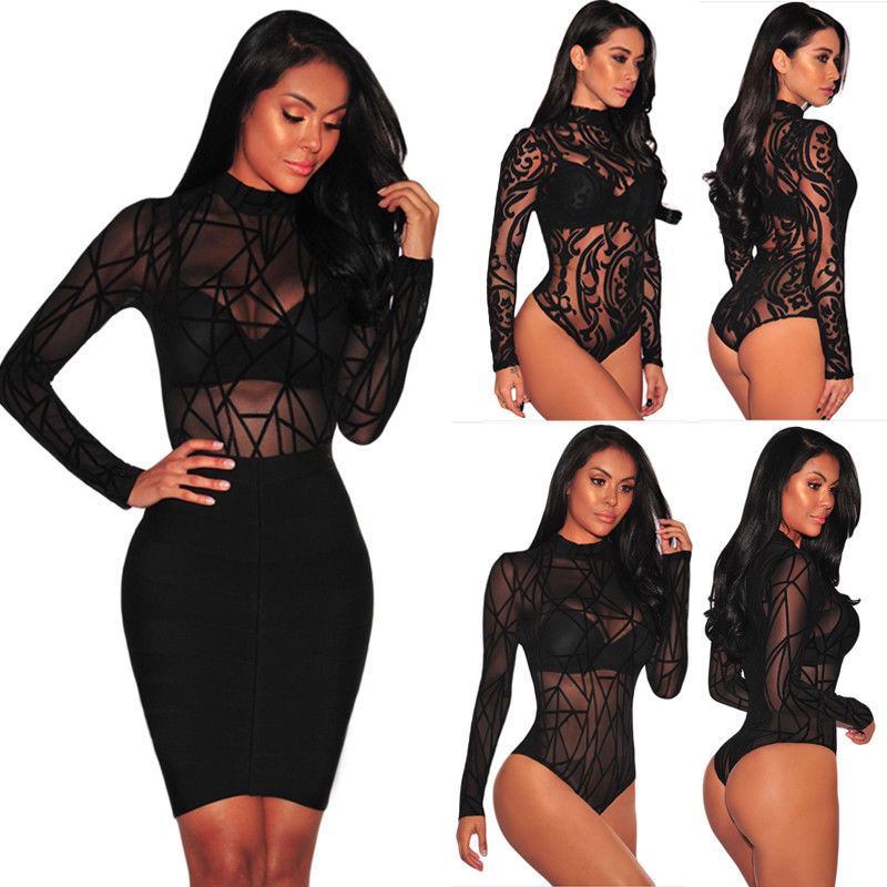 Women's Transparent Black Floral Stripe Bodysuit