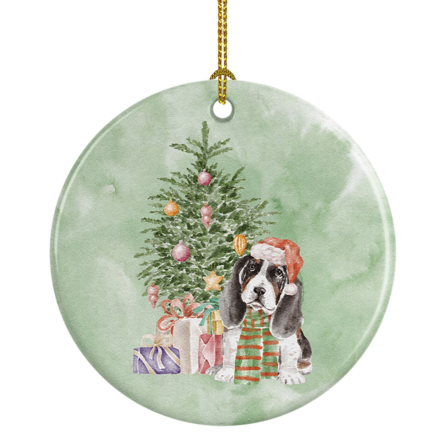 Basset Hound Puppy Christmas Presents and Tree Ceramic Ornament