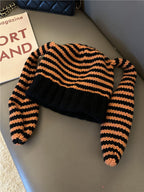 Cute Striped Rabbit Ears Knitted Wool Beanie Hat | Embroidered Cap