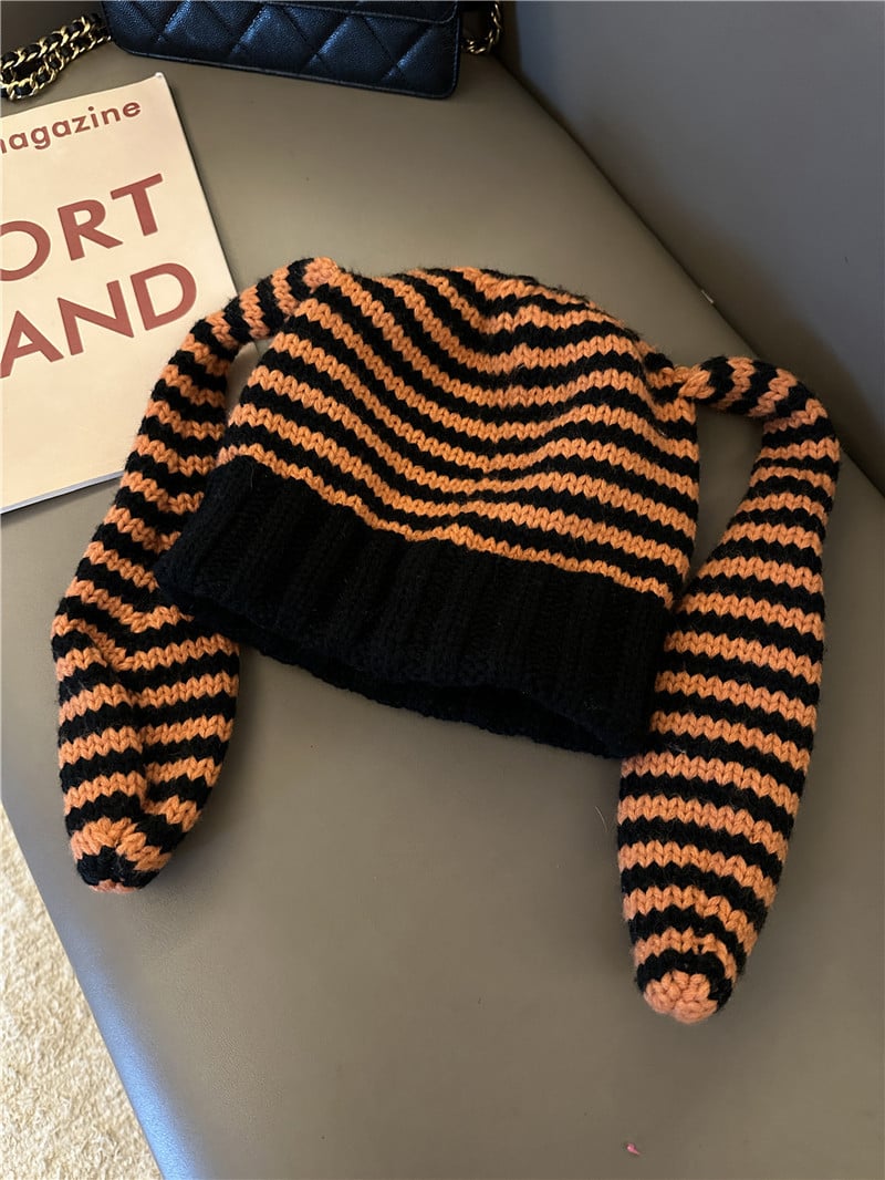 Cute Striped Rabbit Ears Knitted Wool Beanie Hat | Embroidered Cap