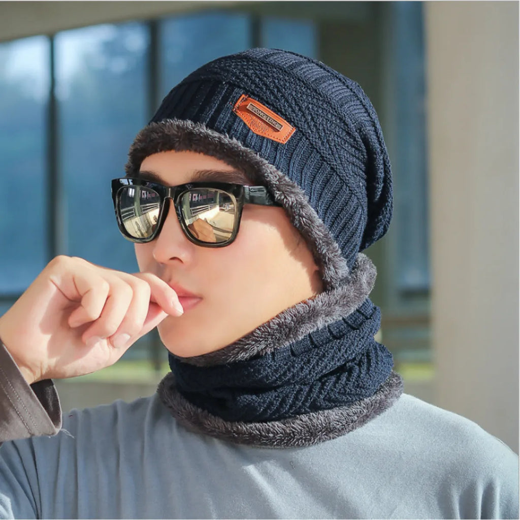 Men's Outdoor Warm Scarf & Fluff Hat | Embroidered Cap