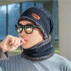 Men's Outdoor Warm Scarf & Fluff Hat | Embroidered Cap