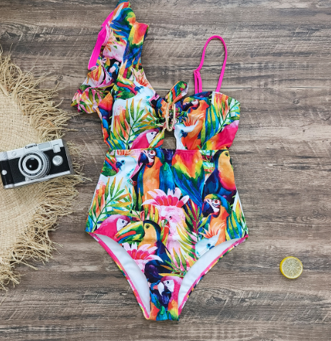 2024 Women's One-Shoulder Ruffle Print Swimsuit