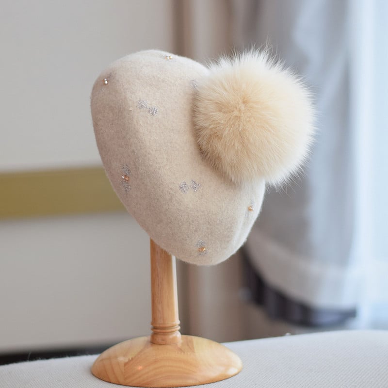 Vintage Wool Hat with Fox Fur Ball for Women | Embroidered Cap