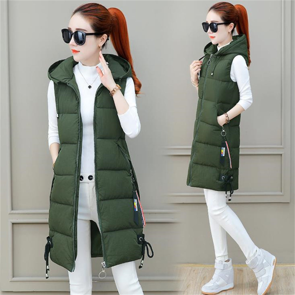 Long Cotton Gilet for Women - Hooded Sleeveless Jacket