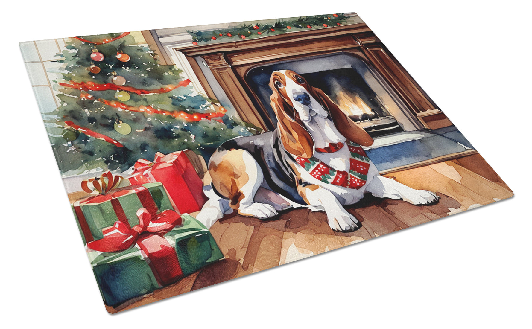 Basset Hound Cozy Christmas Glass Cutting Board