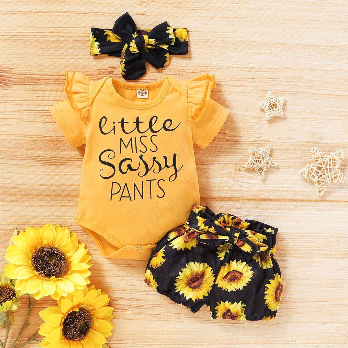 Sunflower Print Baby Bodysuit and Shorts Set (3 Pieces)