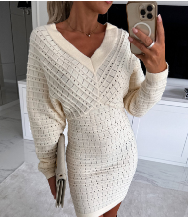 European American V-neck Wool Dress