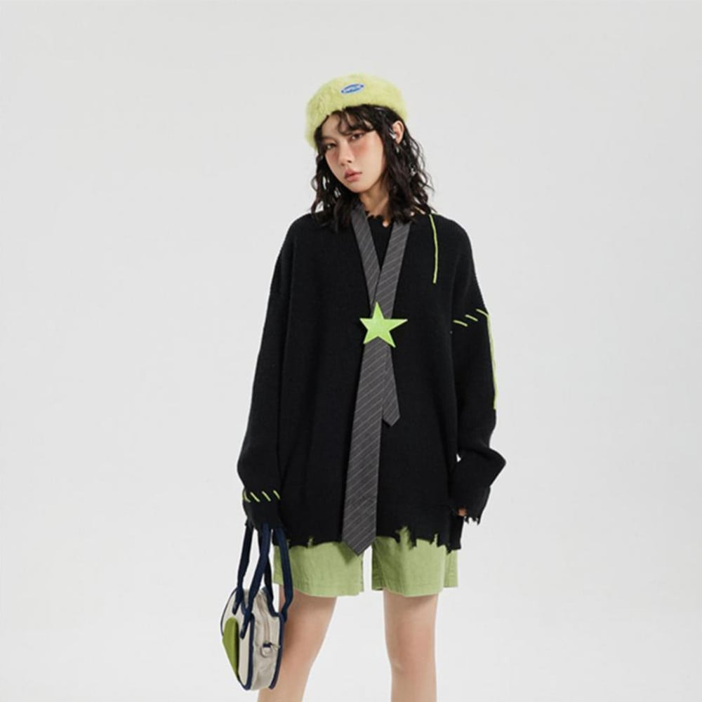 High Street Hip Hop Ripped Green Sweater with Embroidery