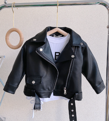 Love Print PU Leather Girls Short Lapel Jacket