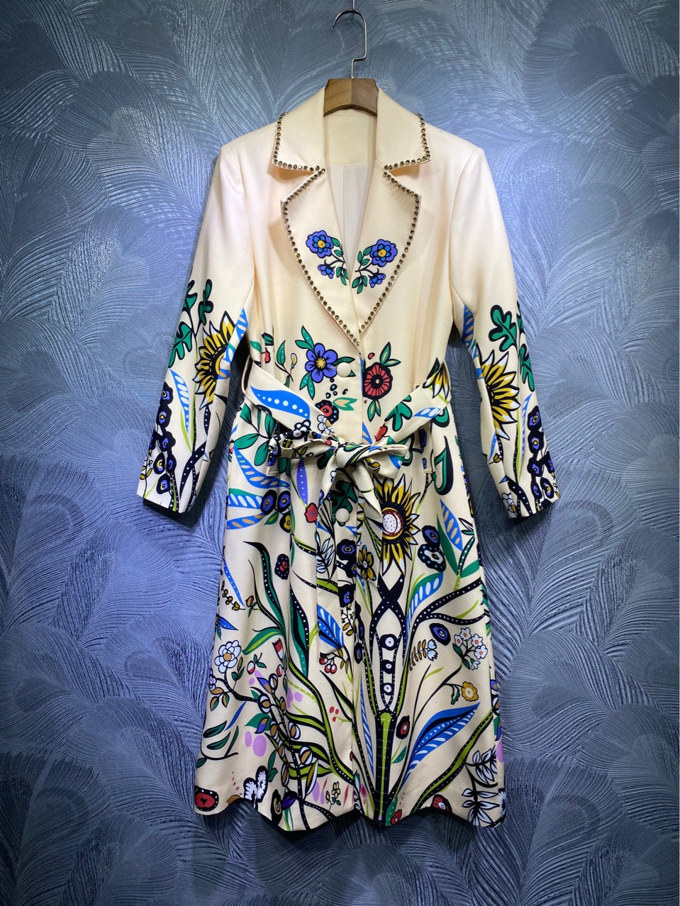 Lapel Bead Print Mid-Length Trench Coat