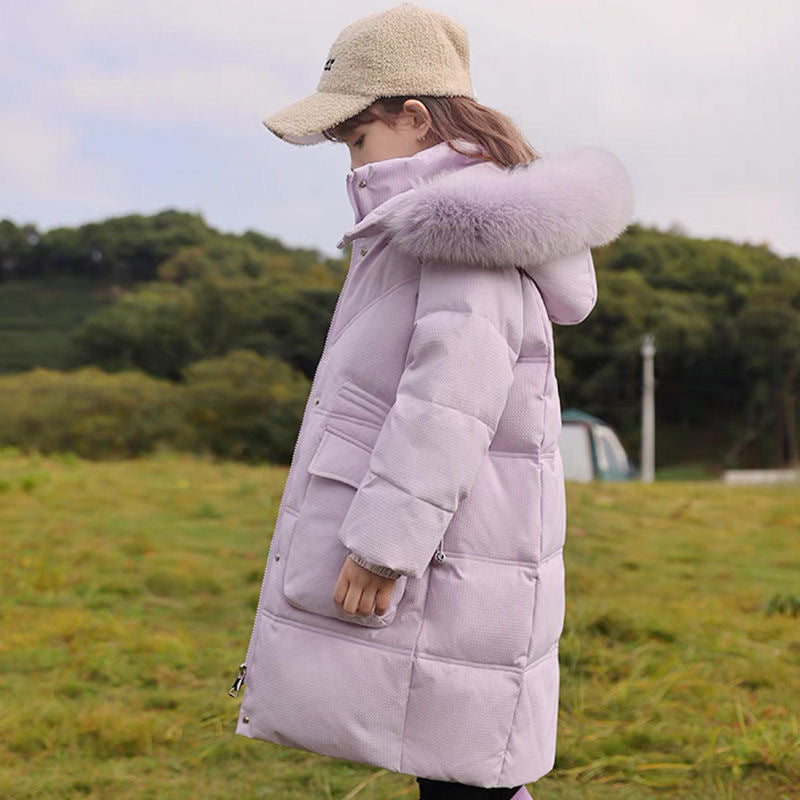 Girl's Mid-Length Western Style Down Coat with Fur Collar