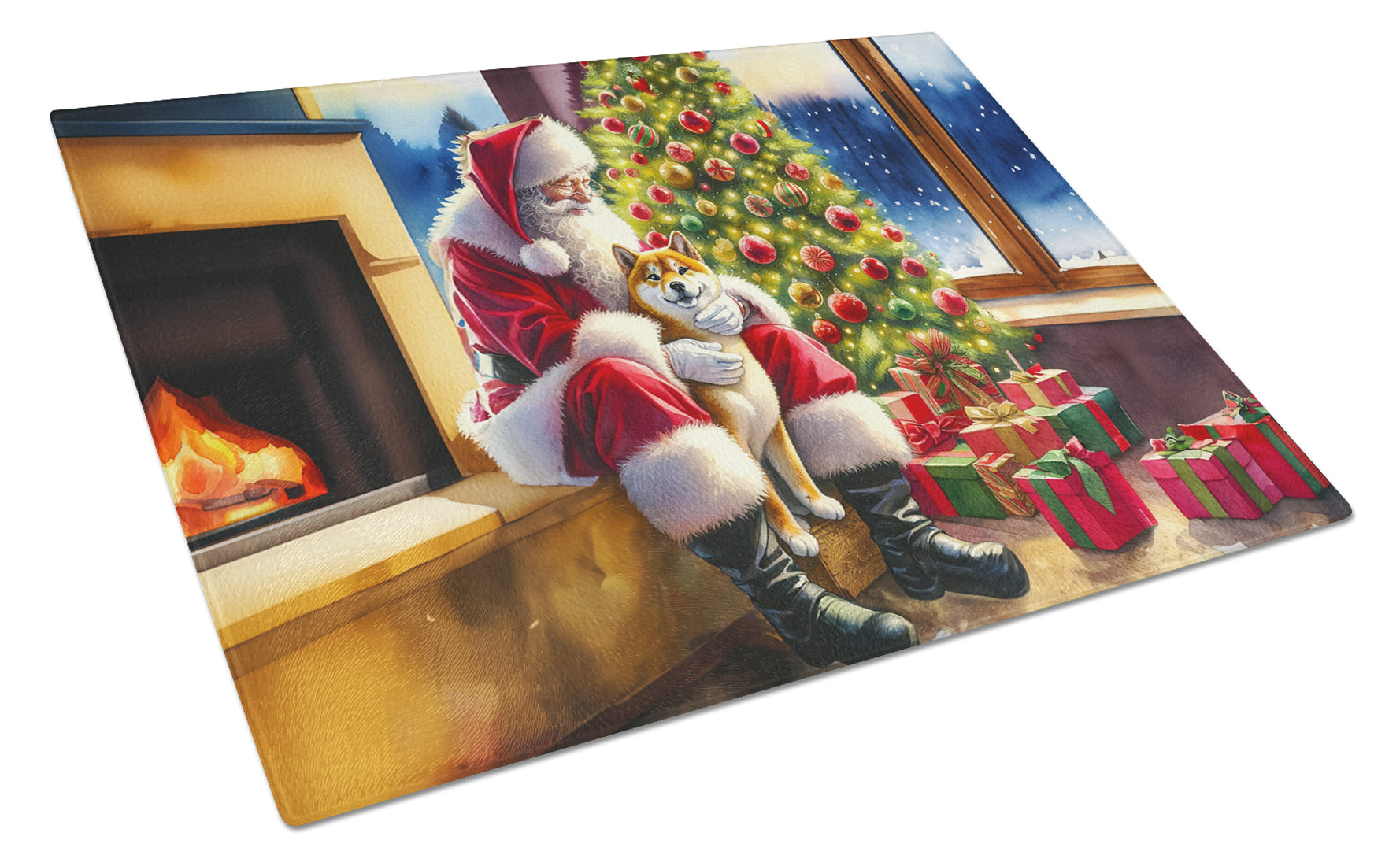 Shiba Inu and Santa Claus Glass Cutting Board