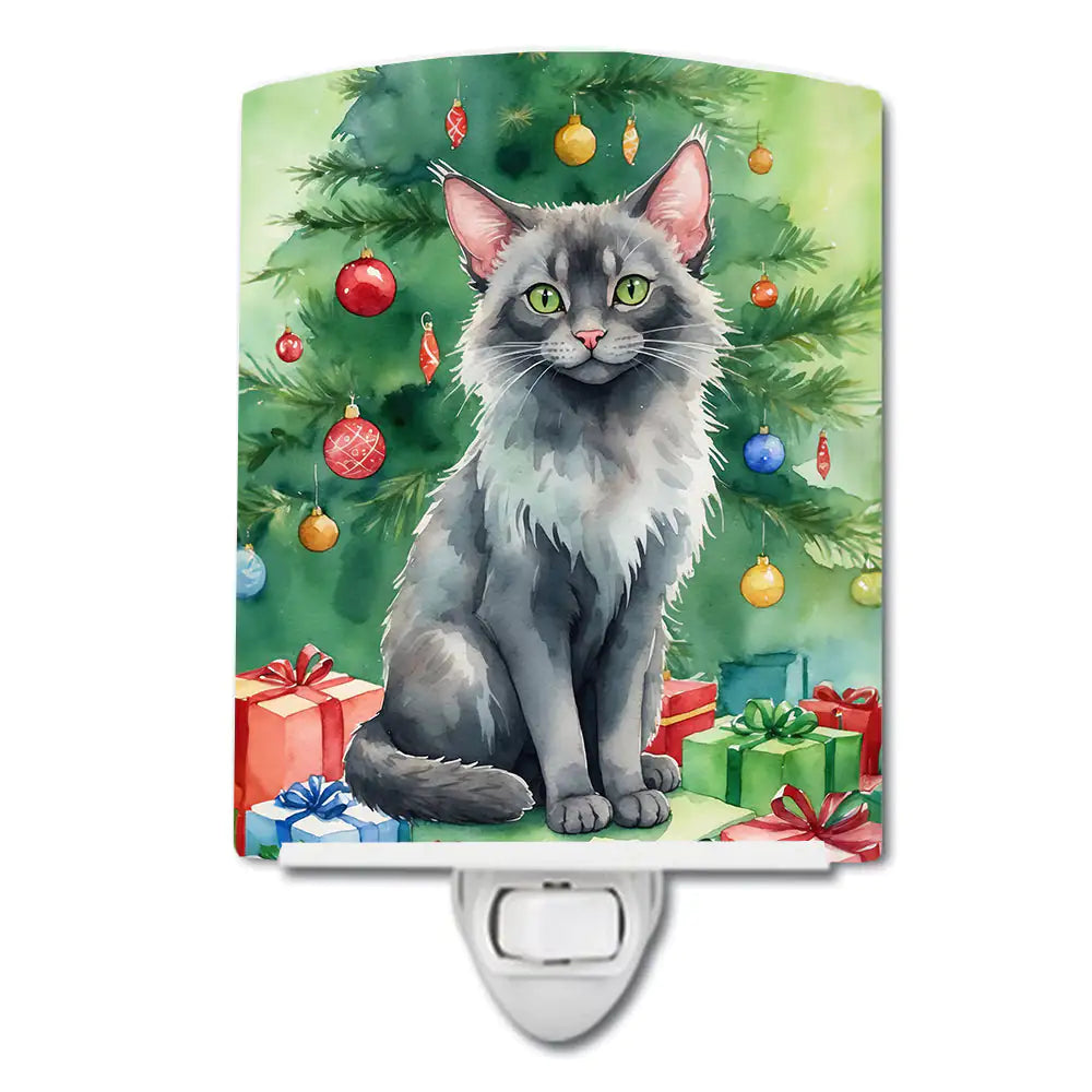 Lykoi Cat By the Christmas Tree Ceramic Night Light