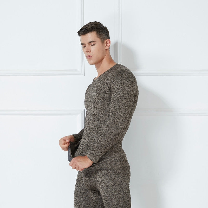 Men's Thermal Underwear Set - Round Neck Plush Top & Pants