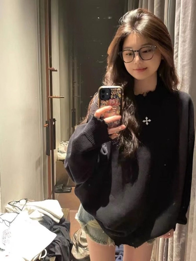 American Retro Black Thick Knit Sweater for Women